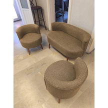 Azra Mobilya Sydney Çay Seti Koltuk Takımı Keten Kumaş 2+1+1 Ceviz Ayak Modern Salon Ofis Takımı Kahverengi Kahverengi