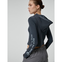 Koton Crop Kapşonlu Sweatshirt Baskılı Uzun Kollu Soluk Efektli Pamuklu Antrasit 4sal10456ık 4SAL10456IK927 Antrasit
