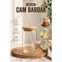 Pipetli Cam Bardak Bambu Kapaklı Soğuk Kahve, Bubble Tea, Limonata, Smoothie Ve Soda Bardağı 540 Ml Şeffaf