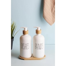 Perotti Lotion 2 'li Beyaz Mutfak Sıvı Sabunluk Seti 500 ML + 500 ML Bambu Tepsili