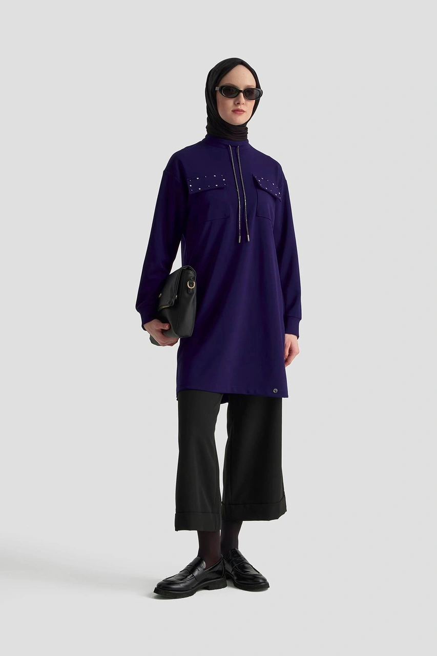 Armine Trend Cep Kapağı Taş Detaylı Taşlı Bağcıklı Crep Tunik Morcivert 25kt451 Morcivert