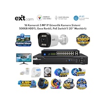 Exitcam 16 Kameralı 5 Mp Ip Poe Güvenlik Kamera Sistemi 20 İnç Monitör, 500 Gb Hdd, 300 Metre Kablo, Sesli Ve Gece Renkli