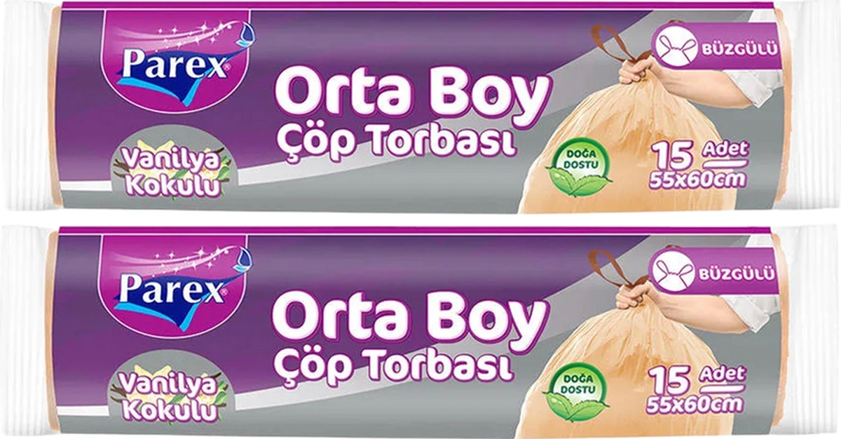 Büzgülü Çöp Torbası Vanilya Kokulu Orta Boy 15'li 55 X 60 Cm İkili Paket