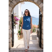Lela Slim Fit Dik Yaka Omuz Büzgülü Bayan Bluz 6527836 Indigo