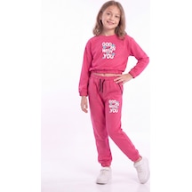 Panios Kids Kız Çocuk Bisiklet Yaka Kısa Kesim Baskılı Çift Cepli Eşofman Takımı Fuşya