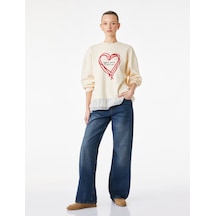Koton Uzun Kollu Bisiklet Yaka Kalp Baskılı Sweatshirt Ekru 6sak10185ek