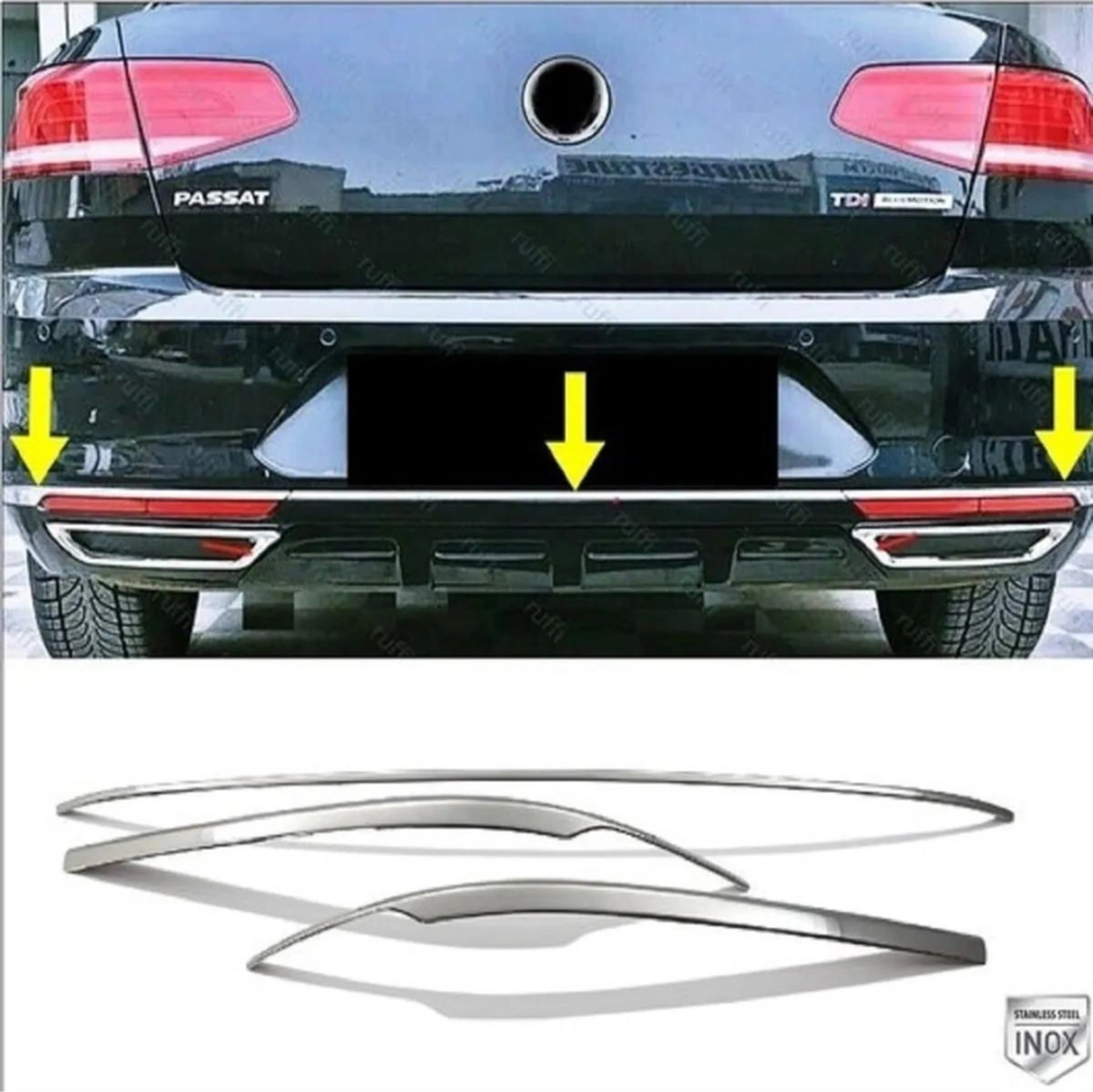 Ueskrom Vw Passat B8 Krom Arka Tampon Alt Çıta 3 Parça 2014-2019 Paslanmaz Çelik