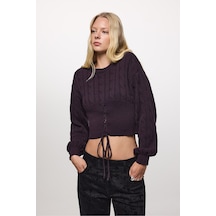 Defacto Regular Fit Bisiklet Yaka Saç Örgülü Bağcık Detaylı Triko Crop Kazak I9174ax26wnpr201 Mor-pr201