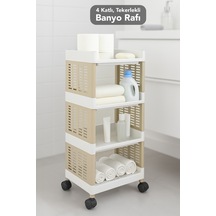 4 Katlı Tekerlekli Banyo Rafı - Havluluk Deterjanlık Makyaj Organizer Düzenleyici Raf Ünitesi Bej Bej