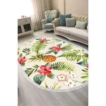 Dijital Baskılı Oval Salon Halısı Kaymaz Yıkanabilir Keçe Taban Saçaklı Çiçekli S5025 krem