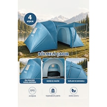 Walke 4 Kişilik Çift Bölmeli Aile Kamp Çadırı Su Geçirmez Polyester 460 X 230 X 185 Mavi