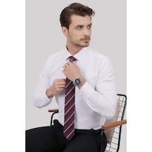 Gömlek Kravat Seti (Bordo Çizgili Kravat & Beyaz Armür Desenli Sl Beyaz