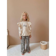 Kız Çocuk Stay Chic Fırfırlı Sweatshirt Ve Zebra Desenli Pantolon Takım 5004 Vizon