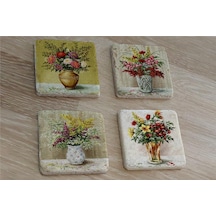 Vazoda Çiçekler Doğal Taş Bardak Altlığı 4'lü Set - Natural Stone Coasters - Taş Çok Renkli
