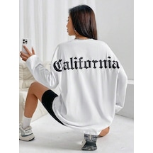 Startmore Beyaz Beyaz Kadın California Özel Sırt Baskılı Oversize Bisiklet Yaka