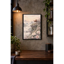 Çiçekli Uzak Doğu Bahçesi Desenli Dekoratif Mdf Tablo, Çerçeve Görünümlü Ahşap Poster