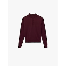 Koton Regular Fit Uzun Kollu Yarım Düğme Detaylı Dik Yaka Triko Kazak Bordo 6wak90556ht Bordo