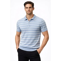 Epilons Zenda1125 Erkek Triko Polo Yaka Fermuarlı Çizgili Tişört T-shirt Yazlık Şık - Bebek Mavisi Zenda478