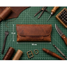 Vintage Leather Craft Hakiki Deri El Portfoyü Telefon Bölmeli Açık Kahverengi - Taba