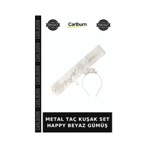 Delux Serisi Metal Taç Kuşak Set Happy Beyaz Gümüş Giyim Gün Aksesuar
