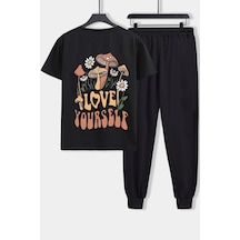 Uyguntarz Unisex Love Yourself Baskılı 2'li Eşofman Takımı Siyah