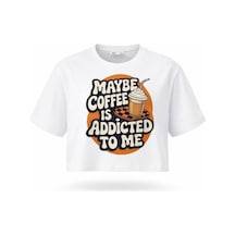 Kadın Beyaz Coffee Baskılı Crop Pamuk T-shirt Beyaz