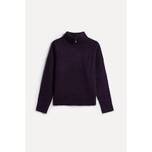 Mudo Kadın Kadın Mürdüm Saç Örgülü Loose Fit Fermuarlı Polo Yaka Kazak 1272933