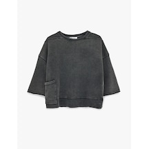 Koton Cep Detaylı Yıkamalı Kısa Kollu Bisiklet Yaka Pamuklu Oversize Sweatshirt Antrasit 6wal10359ık Antrasit