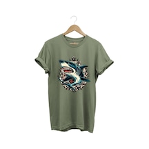 Köpek Balığı Baskılı Deniz Kum Güneş Shark Baskılı Regular Fit %100 Pamuk Haki T-shirt Haki