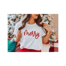 Yılbaşı Merry Christmas Baskılı Kısa Kollu Oversize Bisiklet Yaka T-shirt - Beyaz
