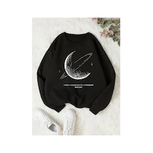 Herkesemoda Ay Baskılı Siyah 2 İplik Şardonlu Bisiklet Yaka Sweatshirt Siyah