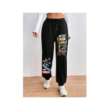 Tarzsokak Cartoon & Graphic Drawstring Waist 4 Mevsim Eşofman Siyah