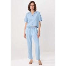 Benerly Kadın Büyük Beden Kısa Kollu Gömlek Yaka Denim Takım %100 Liyosel Mavi