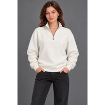 Üç İplik İçi Şardonlu Dik Yaka Yarım Fermuarlı Kışlık Sweatshirt - Beyaz