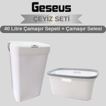 Geseus Motek Tekli 40 Lt Kirli Çamaşır Sepeti+çamaşır Selesi Ikili Set, Çeyiz Seti Gümüş+beyaz Altın