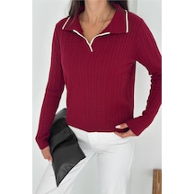 Femelle Kadın Bordo Polo Yaka Standart Beden Triko Bluz