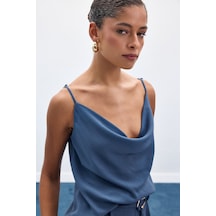 Sateen Degaje Yaka Dökümlü Bluz - İndigo-136690 İndigo