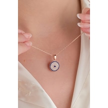 12 Mm Gümüş Rose Kaplama Nazar Boncuklu Boncuğu Zirkon Taşlı Mavi Göz Kolye