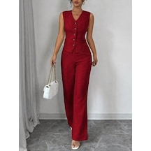 Veraura Lifestyle Kadın Askılı Önden Düğmeli Bluz Ve Pantolon Keten Ikili Takım Kırmızı