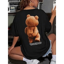 Kadın Tişört Büyük Boy Ayıcık Baskılı Bisiklet Kısa Kol T-shirt - Siyah