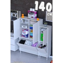 Efil 140 Cm 3 Kapaklı Raflı Ve 3 Bölmeli Sepetli Çok Amaçlı Banyo Dolabı - Beyaz 95+45 X160x32 Cm