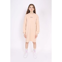Toontoy Kız Çocuk Baskılı Oversize Bisiklet Yaka Uzun Kollu Elbise - Bej