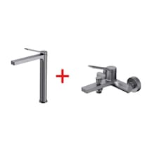 Creavit Ritmo Rt6500gr Tezgah Üstü Yüksek Lavabo + rt2500gr Banyo Bataryası Seti Metalik Gri