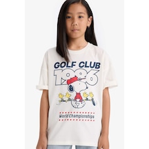 Defacto Kız Çocuk Snoopy Oversize Geniş Kalıp Bisiklet Yaka Kısa Kollu Tişört E9655a825auer138 Ekru