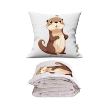 Sevimli Samur Baskılı Dekoratif Yastık Kırlent Opsiyonel Battaniye 2 İn 1 Çok Renkli