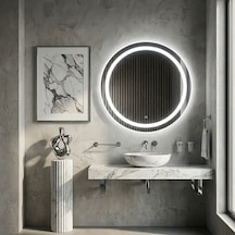 50x50 Cm Modern Yuvarlak Led Banyo Aynası Kumlamalı, Touch Sensörlü, Dimmerli Beyaz Işık 6500k Beyaz