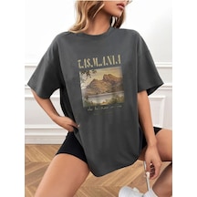 Flood Of Style Kadın Antrasit Tasmanıa Baskılı Oversize Bisiklet Yaka Tshirt Gri