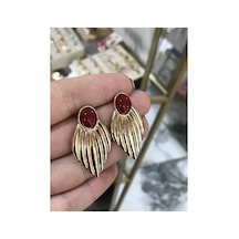 Bordo Boncuk Detaylı Gold Küpe Altın