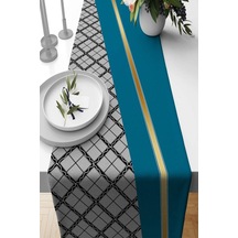 Turkuaz Ekoseli Desen Premium Masa Örtüsü Runner Rnr599n11