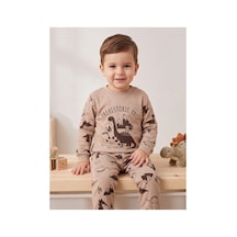 Deniva Kids Erkek Bebek Kahve Dinozor Baskılı %100 Pamuklu Uzun Kollu Alt Üst Eşofman / Pijama Takımı - 2,5-3 Yaş Kahverengi